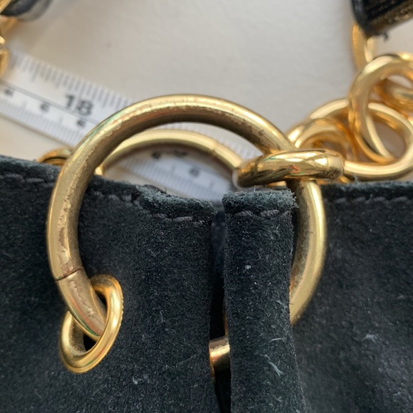 BCBGMAXAZRIA Black Suede Handbag Patent Leather & Gold Tone Chain Handle - Picture 12 of 13